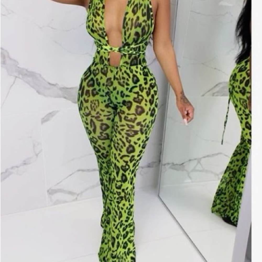 Neon Green Leopard Print Halter Jumpsuit
